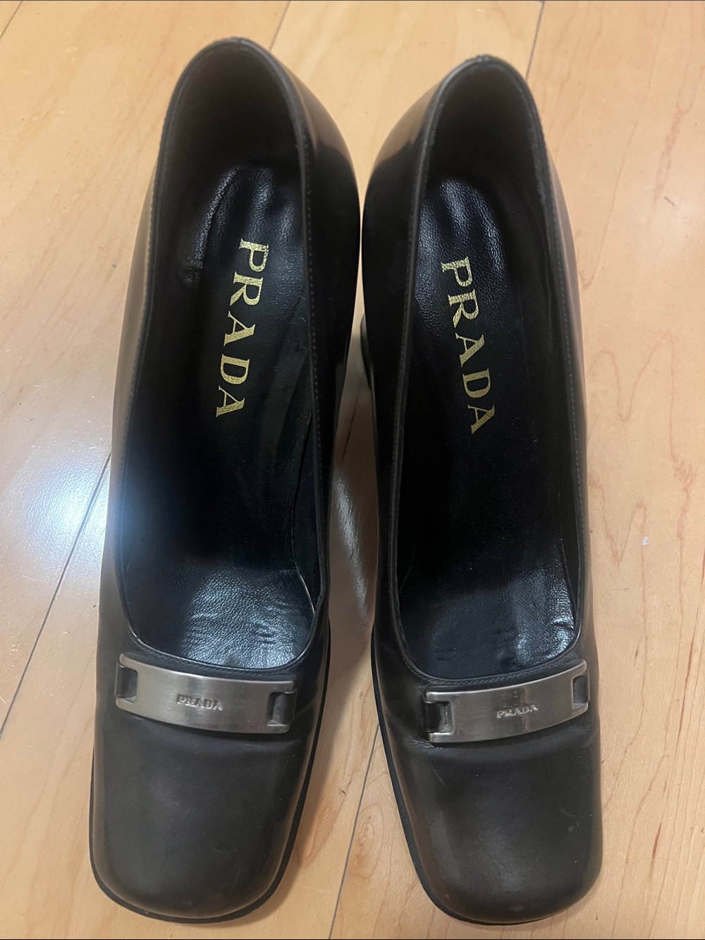 Prada Black Leather Square-Toe Pumps with Silver Plate